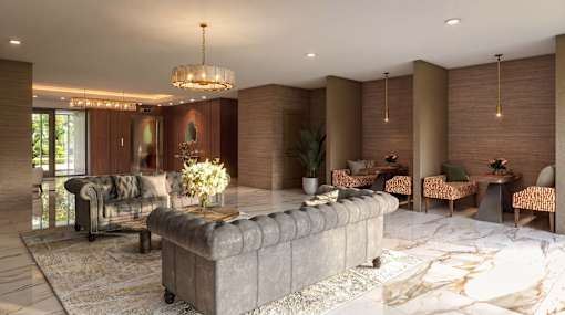 A modern living room with a large marble floor and a chandelier.
