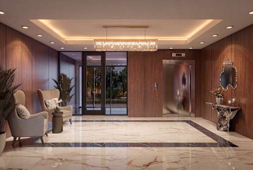 A modern and luxurious lobby with a marble floor and wooden walls.