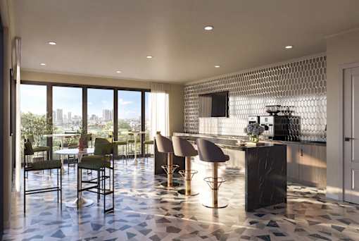 Gourmet kitchen with quartz countertops at The Walter Apartments in Midtown Omaha