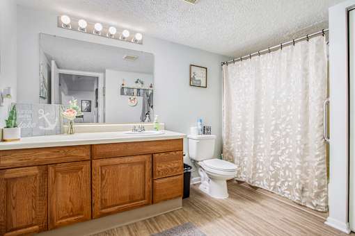 A bathroom with a wooden vanity and a white toilet.