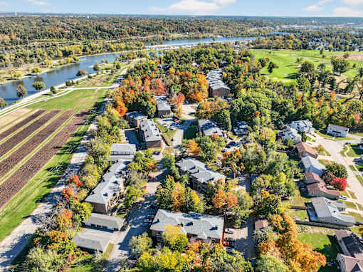 A suburban neighborhood with houses and trees in autumn colors.