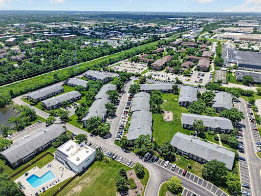 Aerial view of the Renaissance at Carol Stream apartment community featuring a swimming pool, located in Carol Stream, IL.