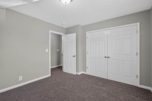 A room with a carpeted floor and two white doors.