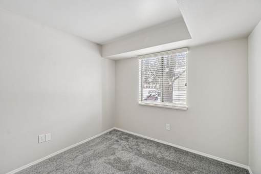 A room with a window and a grey carpet.