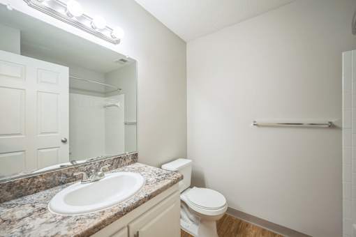 A bathroom with a sink, toilet, and mirror.