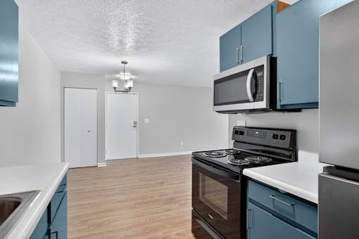 A kitchen with blue cabinets and a stove top oven.