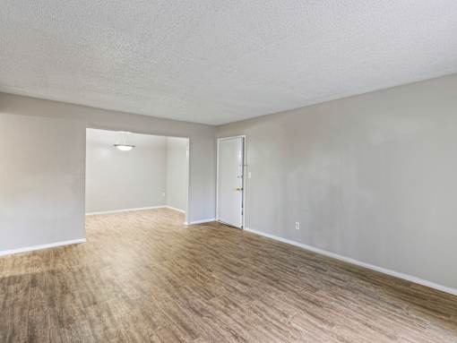 A room with wooden flooring and two doors.