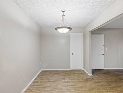 A room with a light hanging from the ceiling and two doors.