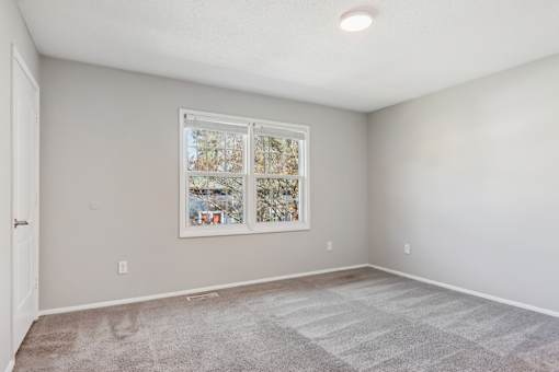 A room with a carpeted floor and a window with a view of trees.