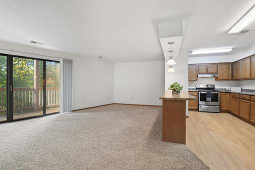 A kitchen area with a counter and a plant on it.