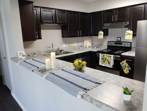a kitchen with black cabinets and a granite counter top