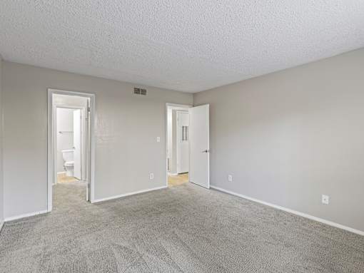 A room with a carpeted floor and two doors.