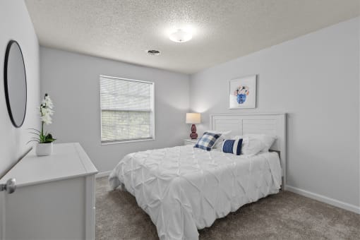 a bedroom with a white bed and a window