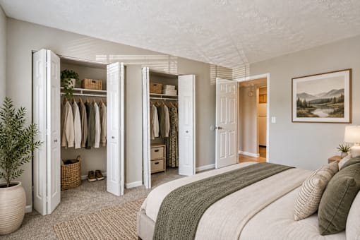 A bedroom with a large bed and a wardrobe with clothes hanging in it.