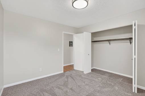 A room with a grey carpet and white walls.