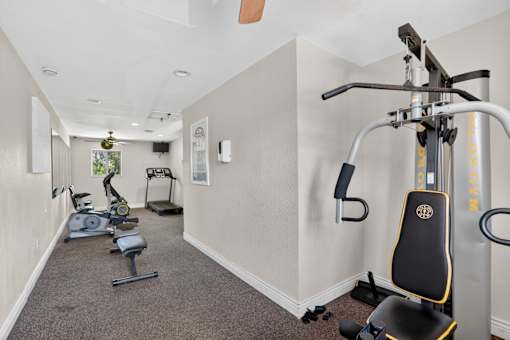 A home gym with a treadmill, exercise bike, and other equipment.
