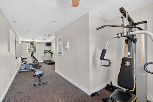 A room with a treadmill and exercise equipment.
