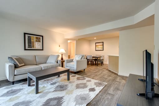 a living room with a couch and a chair and a tv
