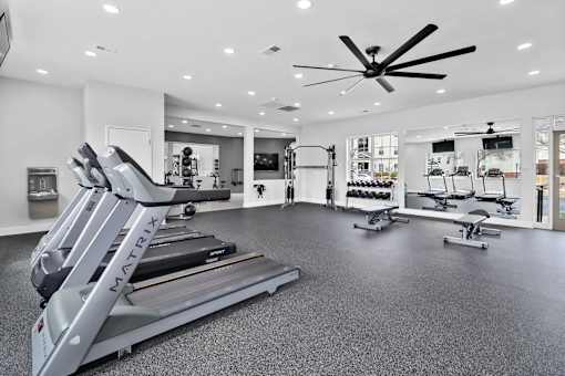 A gym with treadmills and other exercise equipment.