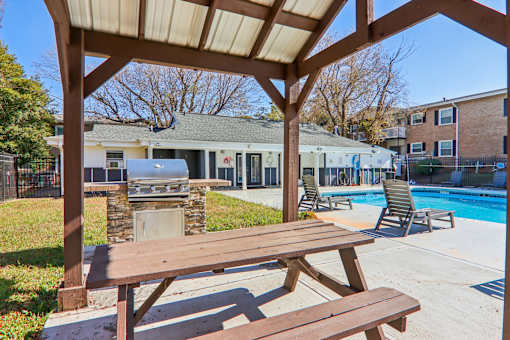 A wooden picnic table is in the foreground of a pool area.