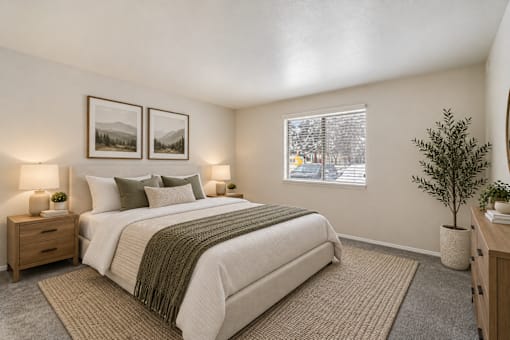 A bedroom with a large bed and two framed pictures on the wall.