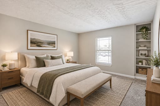 A bedroom with a large bed and a window.