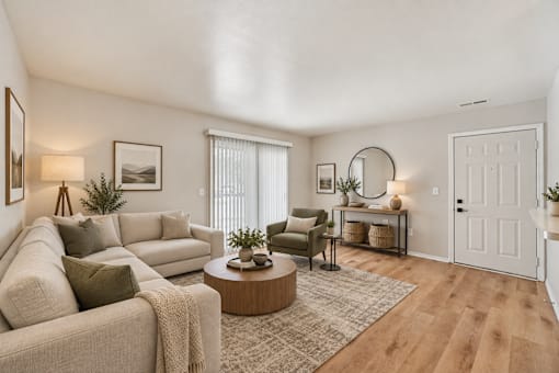 A living room with a couch, a chair, a coffee table, and a mirror.