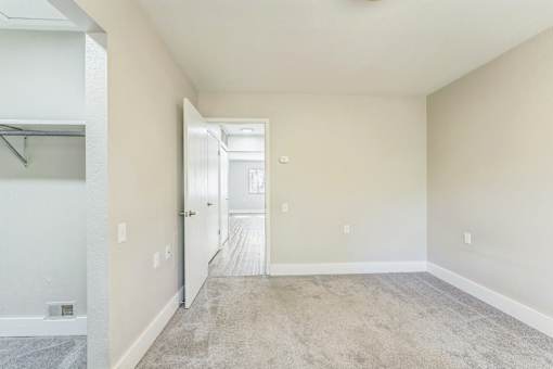 A room with a carpeted floor and a doorway leading to another room.