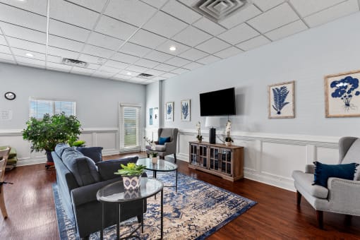 a living room with couches and chairs and a tv