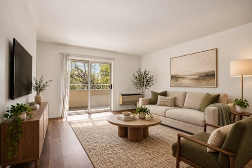A living room with a couch, chair, and a television.