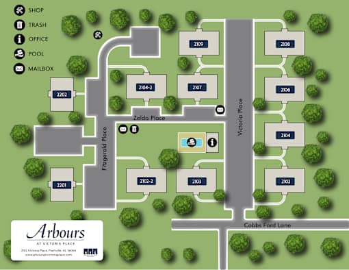 A map of Arbours at Victoria Place with a grid layout of numbered locations.