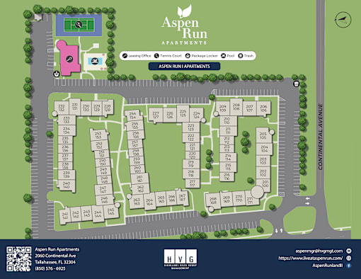 A map of the Aspen Run Apartments showing the layout of the buildings and surrounding areas.