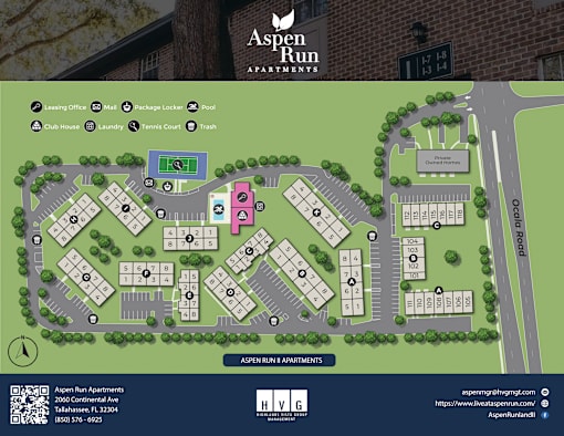 A map of Aspen Run Apartments showing the layout of the buildings and amenities.