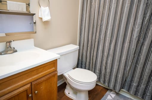 A white toilet sits next to a sink in a bathroom.