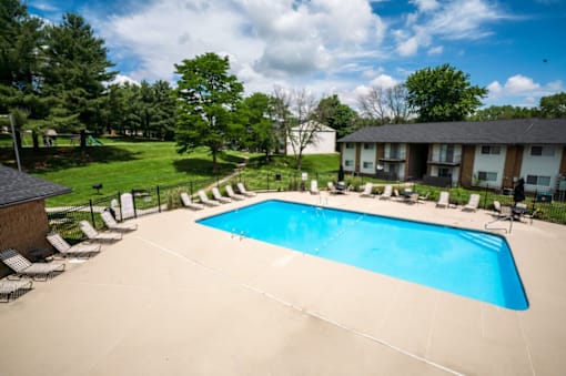 A large outdoor swimming pool surrounded by lounge chairs and trees.