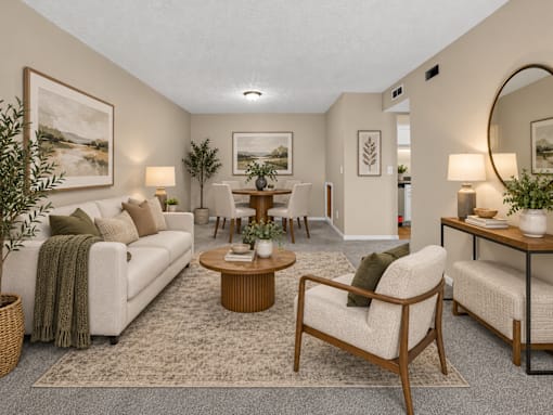 Virtually staged living room with a white sofa, wooden coffee table, and round wall mirror at Arbours at Victoria Place in Prattville, AL