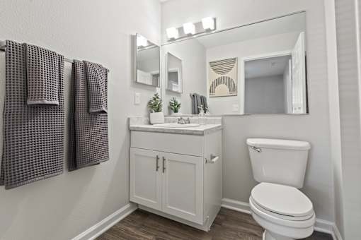 A white toilet sits next to a sink in a bathroom.