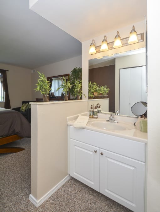 a bathroom with a sink and a mirror and a bedroom with a bed