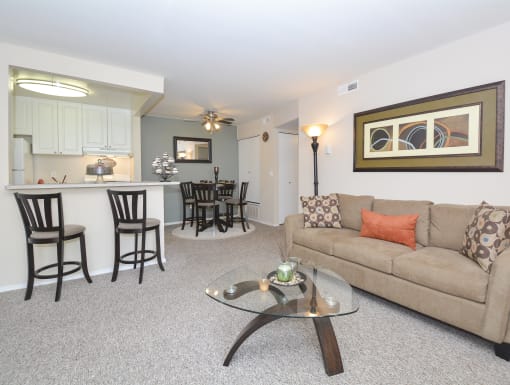 a living room with a couch and a table