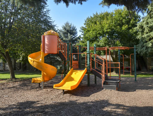 a playground with a slide and other toys in a park