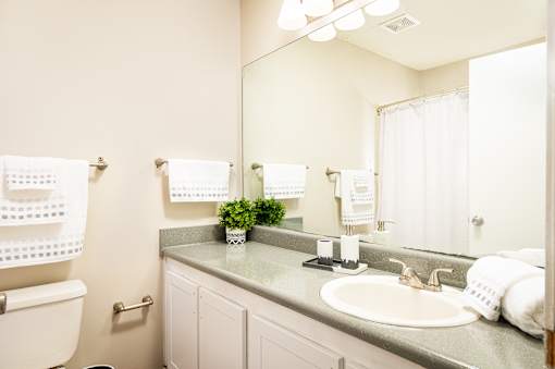 Bathroom featuring a toilet, sink, and mirror at Southwind Apartments in Richland, MS.