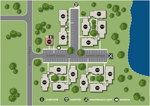 A map shows a layout of a residential area with a clubhouse, dumpster, maintenance shop, and mailbox.