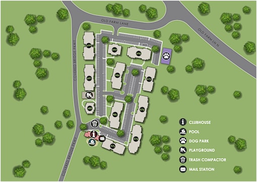 A map shows a layout of a park with a clubhouse, pool, dog park, playground, trash compactor, and mail station.