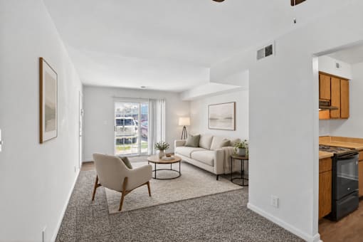A living room with a couch, chair, and a rug.