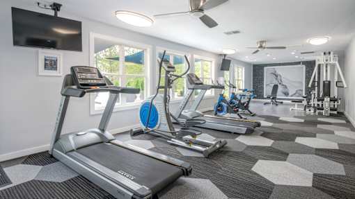 A well-equipped gym with treadmills, exercise bikes, and other fitness equipment.