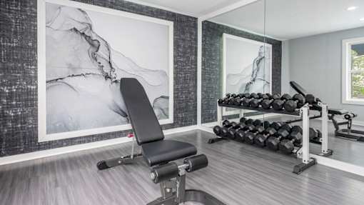 A black and white photo of a person is on the wall above a bench and a rack of dumbbells in a gym.