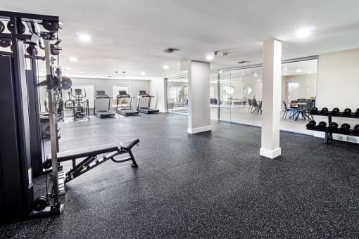 a gym with weights and cardio equipment on the floor and a glass wall