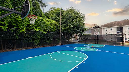 A basketball court with a blue surface and white lines.