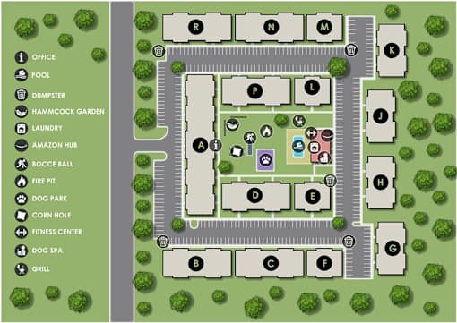 A map of a complex with a pool, fitness center, and dog spa.