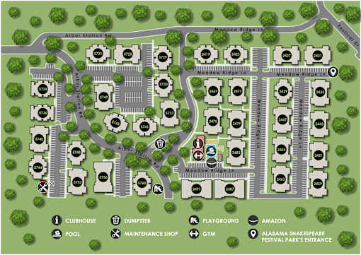 A map of a residential area with a clubhouse, dumpster, playground, pool, maintenance shop, and gym.